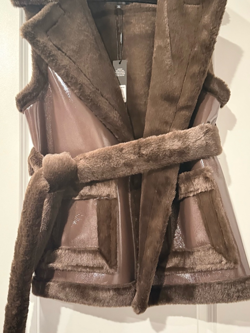 Fashion Nova Brown Faux Fur Trim Vest with Belt